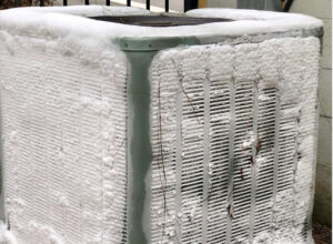 A frozen central air conditioning unit.