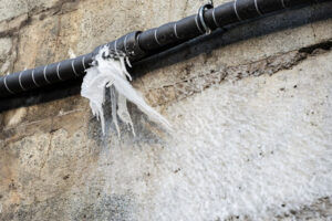 A frozen pipe that has burst.