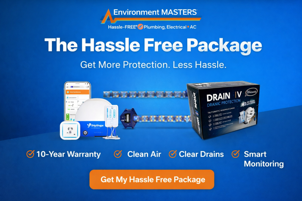 Environment Masters Hassle Free Package featuring Drain IV, Scorpion UV light, and smart home monitoring with 10-year warranty and cleaner air benefits