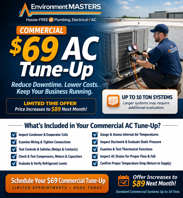 $69 commercial AC tune-up by Environment Masters technician servicing rooftop HVAC system
