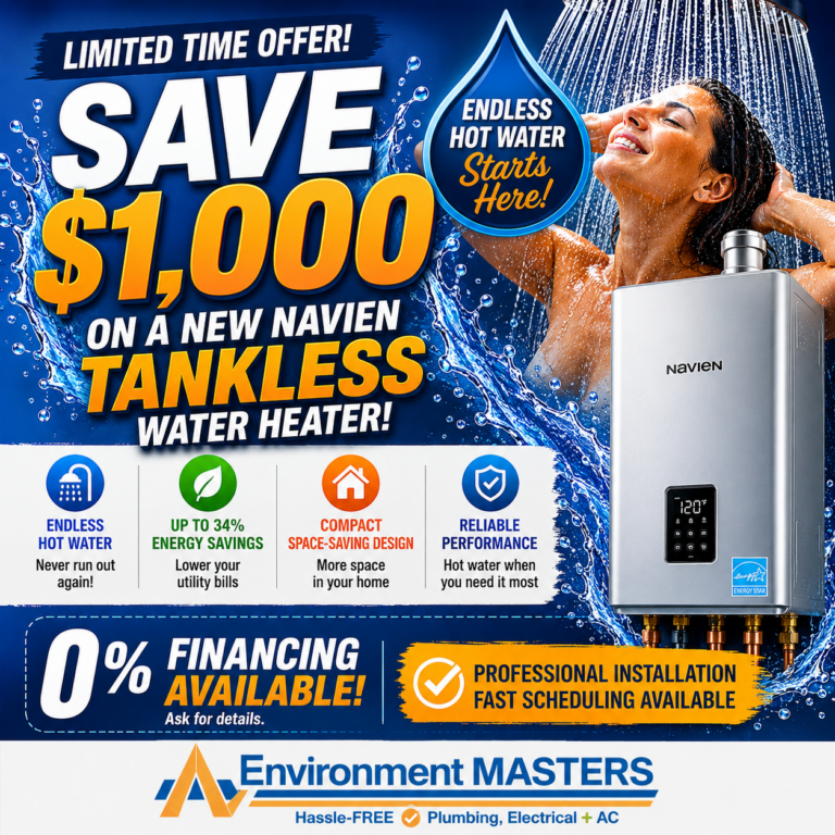 Promotional graphic for Environment Masters featuring a Navien tankless water heater, endless hot water messaging, $1,000 savings offer, and financing availability.