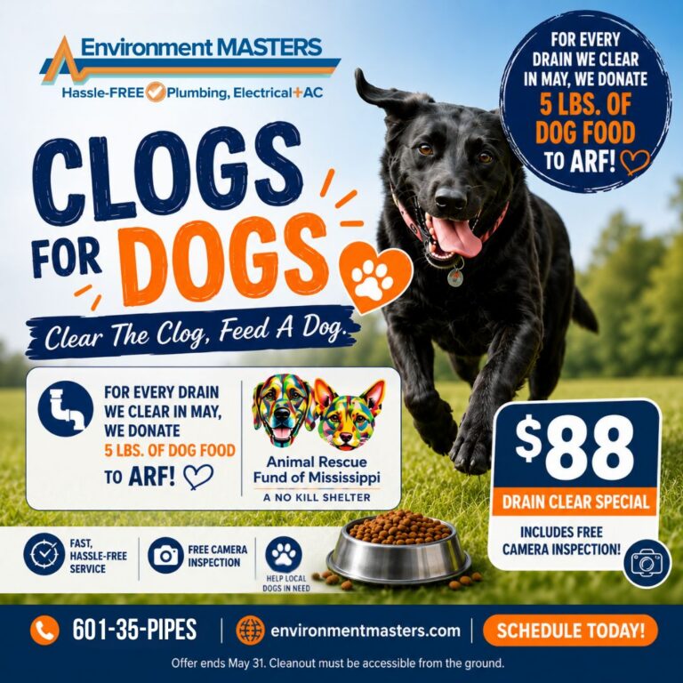 Environment Masters Clogs For Dogs promotion featuring a happy dog, $88 main drain clearing special with free camera inspection, and a campaign donating 5 pounds of dog food to ARF for every drain cleared in May.