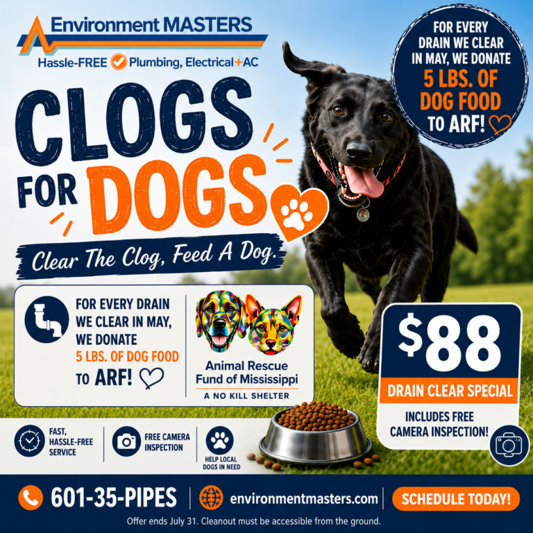 Environment Masters Clogs For Dogs promotion featuring an $88 Main Drain Clear Special with a free camera inspection and a donation of 5 pounds of dog food to ARF for every drain cleared through July 31.
