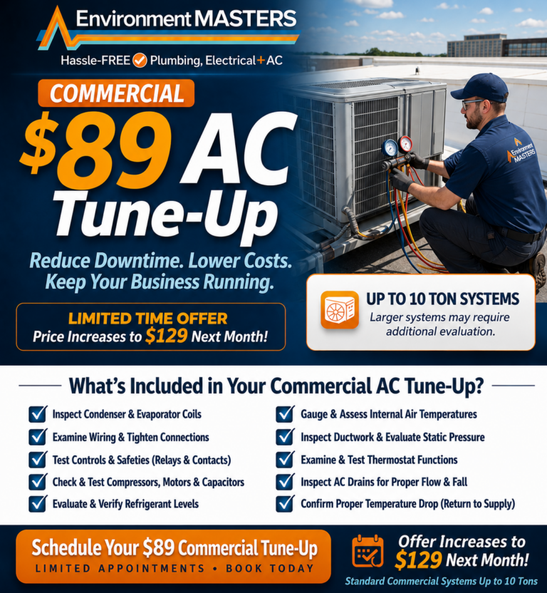 Environment Masters technician performing an $89 commercial AC tune-up on a rooftop HVAC system