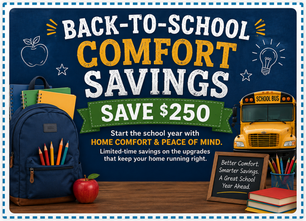 Back-to-School Comfort Savings graphic from Environment Masters featuring school supplies, a school bus, and limited-time $250 savings on home comfort upgrades.