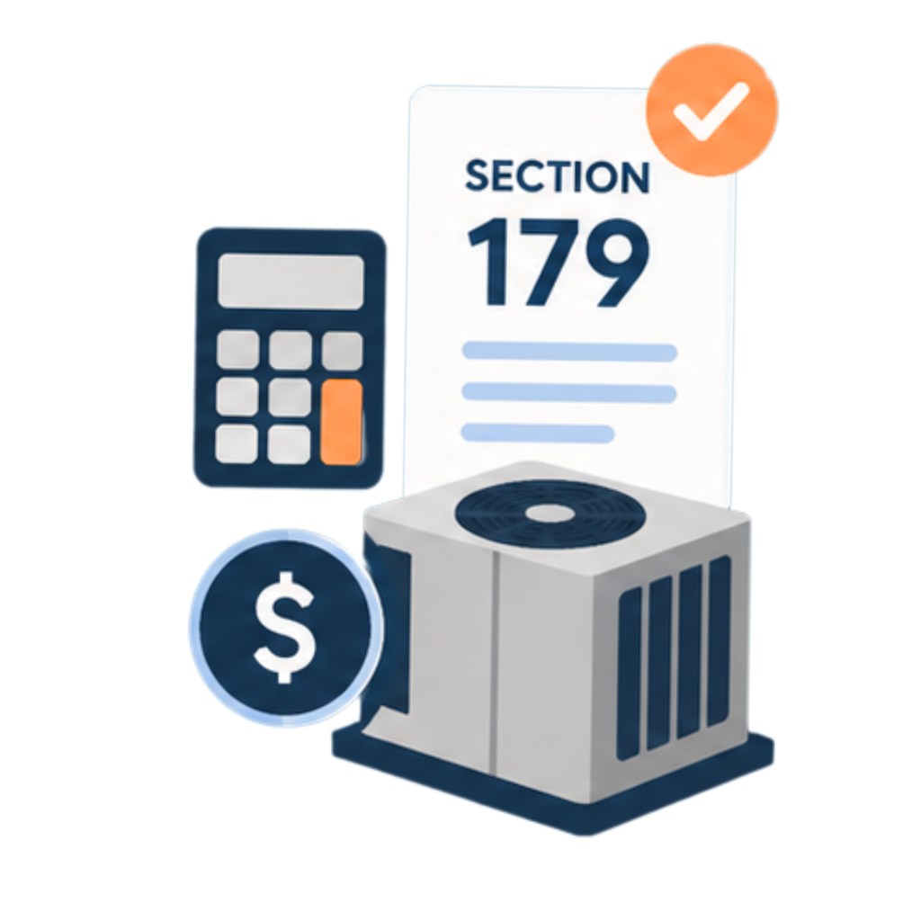 Illustration of a commercial HVAC unit with a Section 179 document, calculator, and tax savings icon.