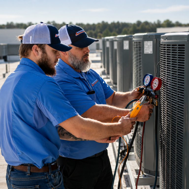 Commercial HVAC technicians servicing rooftop HVAC equipment at a Mississippi business.