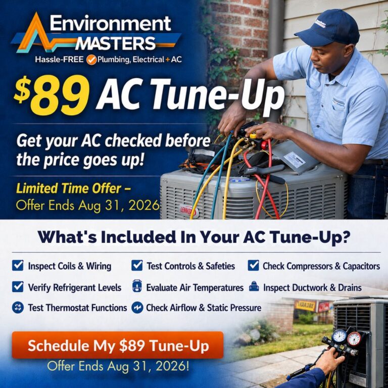 Environment Masters technician performing a residential AC tune-up as part of a $89 air conditioning maintenance special available in Central Mississippi.